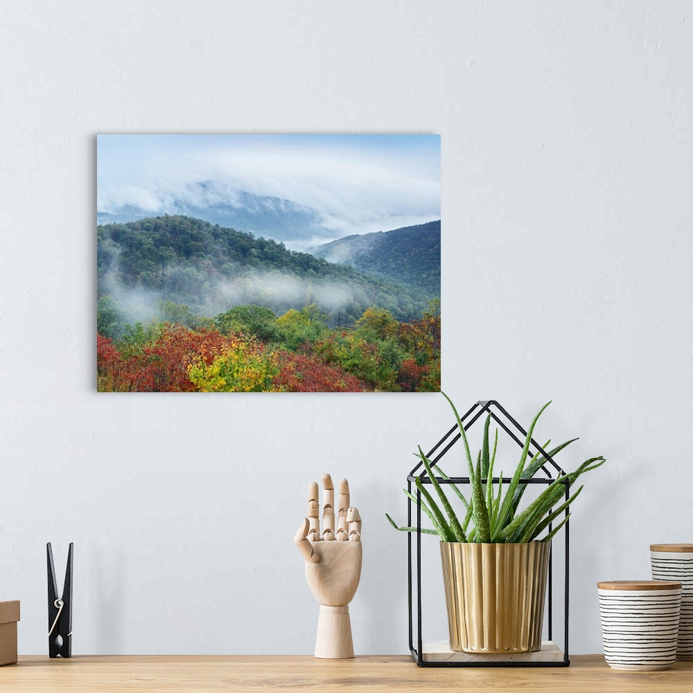 A bohemian room featuring Large photo on canvas of mountains covered in fall foliage with fog descending upon them.