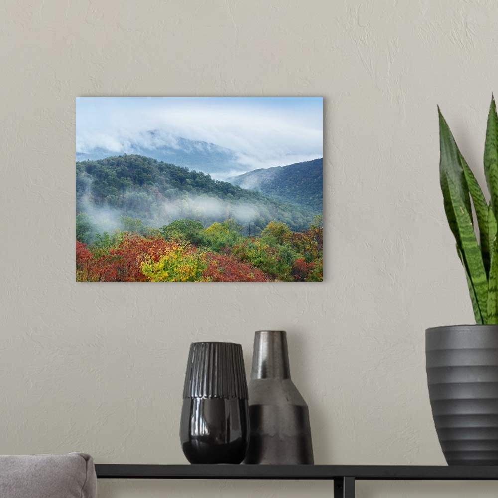 A modern room featuring Large photo on canvas of mountains covered in fall foliage with fog descending upon them.