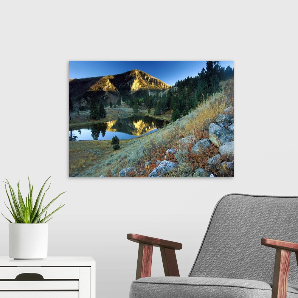 A modern room featuring Bunsen Peak reflected in lake, near Mammoth, Yellowstone National Park, Wyoming
