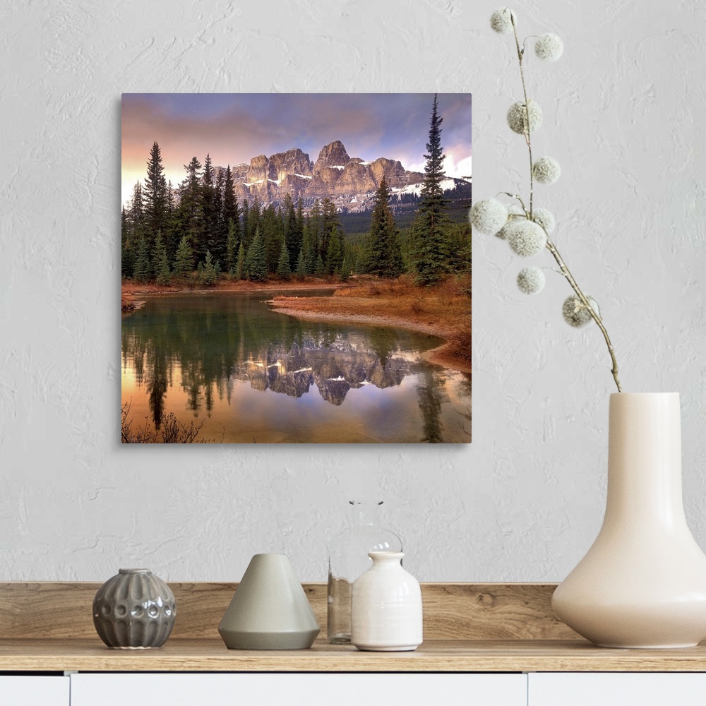 A farmhouse room featuring Castle Mountain and boreal forest reflected in lake, Banff National Park, Alberta