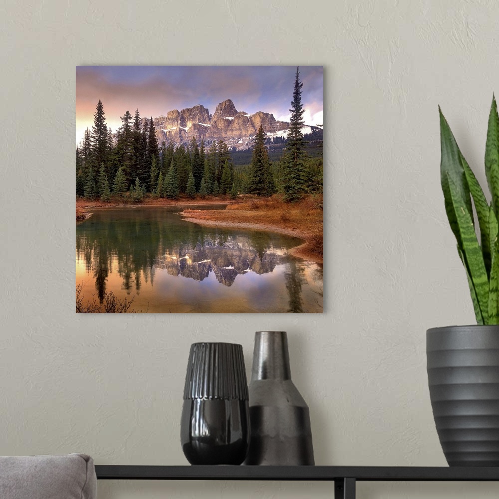 A modern room featuring Castle Mountain and boreal forest reflected in lake, Banff National Park, Alberta