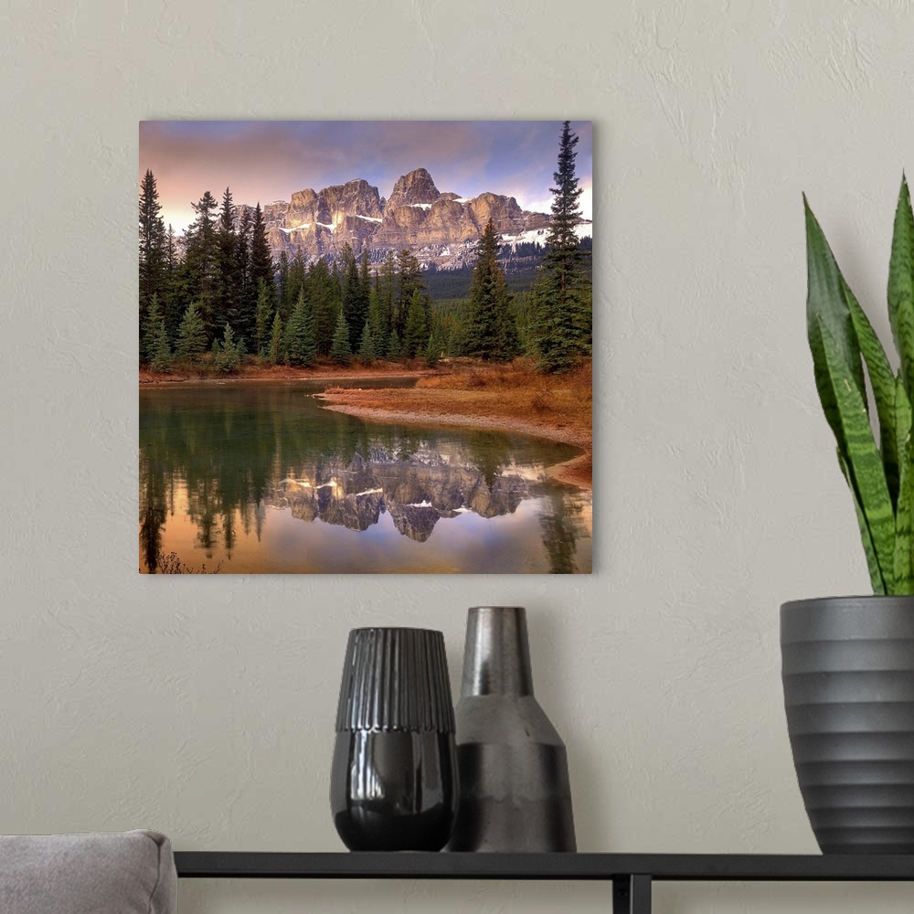 A modern room featuring Large photograph shows a small body of water surrounded by a thick woodland filled with tall tree...