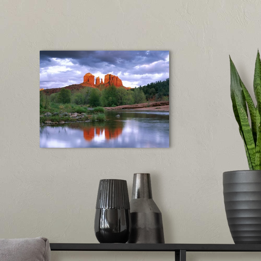 A modern room featuring Cathedral Rock reflected in Oak Creek, Red Rock State Park near Sedona, Arizona