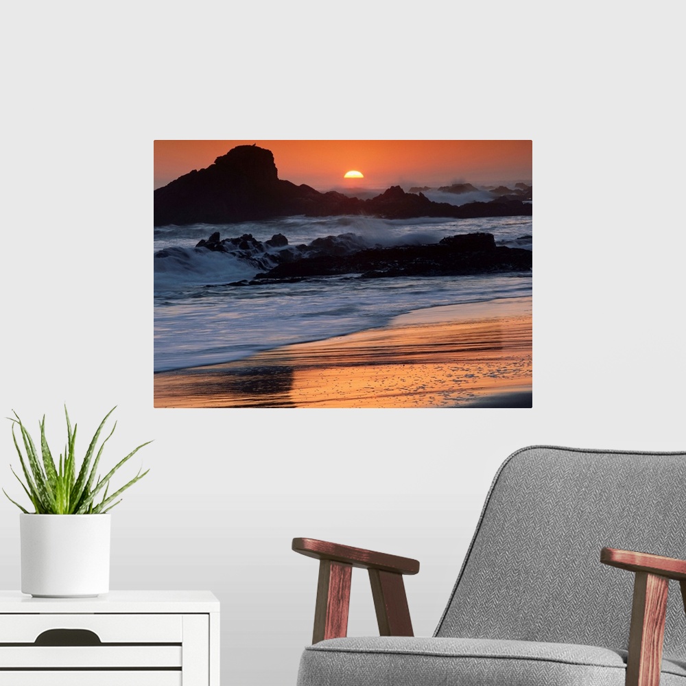 A modern room featuring Crashing surf on rocks at sunset, Point Piedras Blancas, California