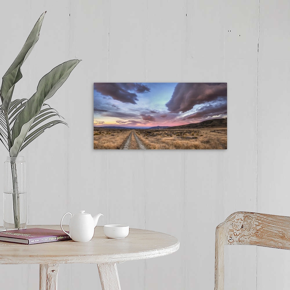 A farmhouse room featuring Road to Nowhere, dawn panorama of farm track, St Bathans, Central Otago, New Zealand
