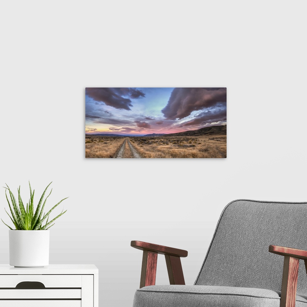 A modern room featuring Road to Nowhere, dawn panorama of farm track, St Bathans, Central Otago, New Zealand