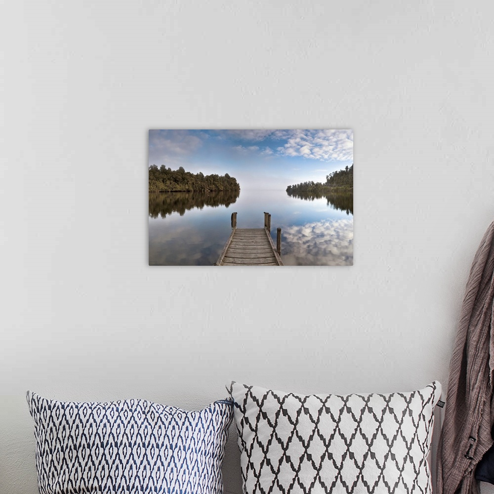 A bohemian room featuring Lake Mapourika, early morning panorama with mist rising off water, near Franz Josef Glacier, West...