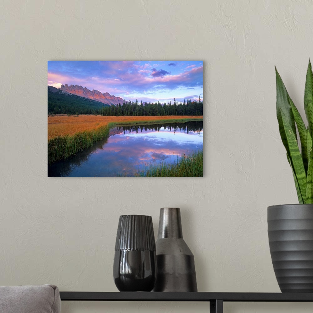 A modern room featuring Dolomite Peak and Bow River backwaters, Banff National Park, Alberta