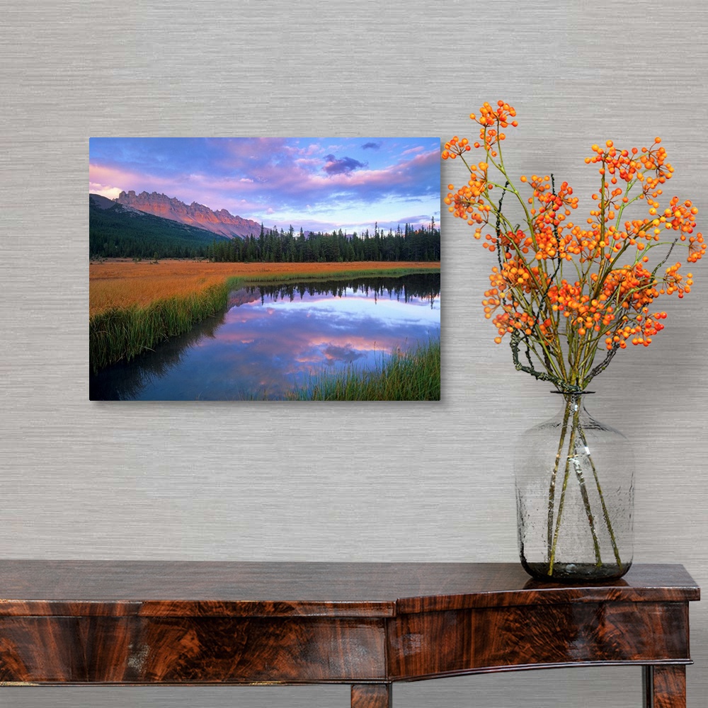 A traditional room featuring Dolomite Peak and Bow River backwaters, Banff National Park, Alberta