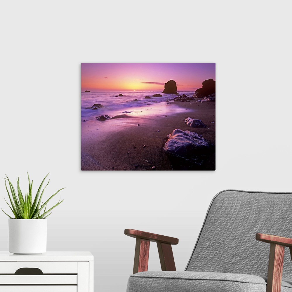 A modern room featuring Enderts Beach at sunset, Redwood National Park, California