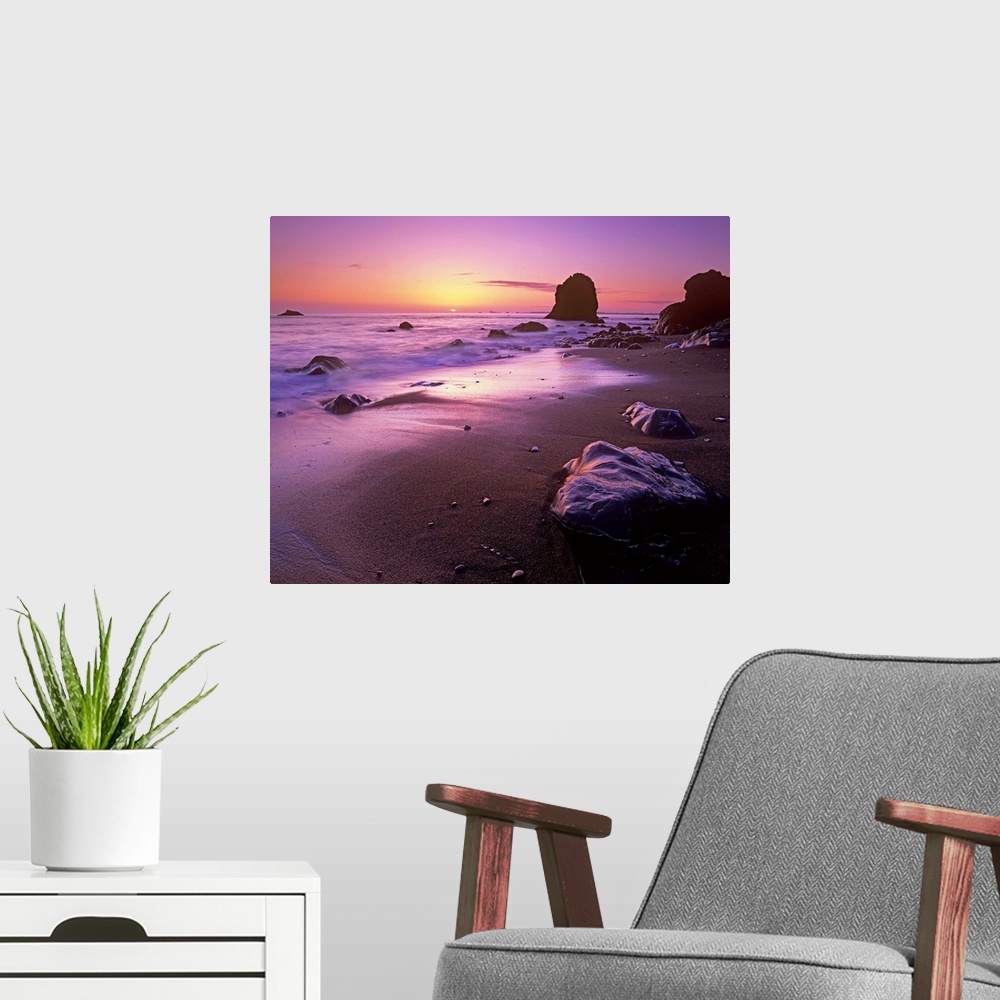 A modern room featuring Enderts Beach at sunset, Redwood National Park, California