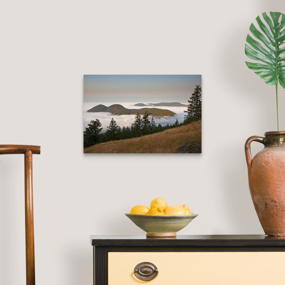 A traditional room featuring Entrance Mountain and Mount Woolard emerge from sea fog around Orcas Island as seen from Mt. Cons...