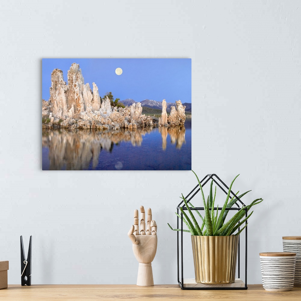 A bohemian room featuring Full moon over Mono Lake with tufa towers and Sierra Nevada Mountains, California