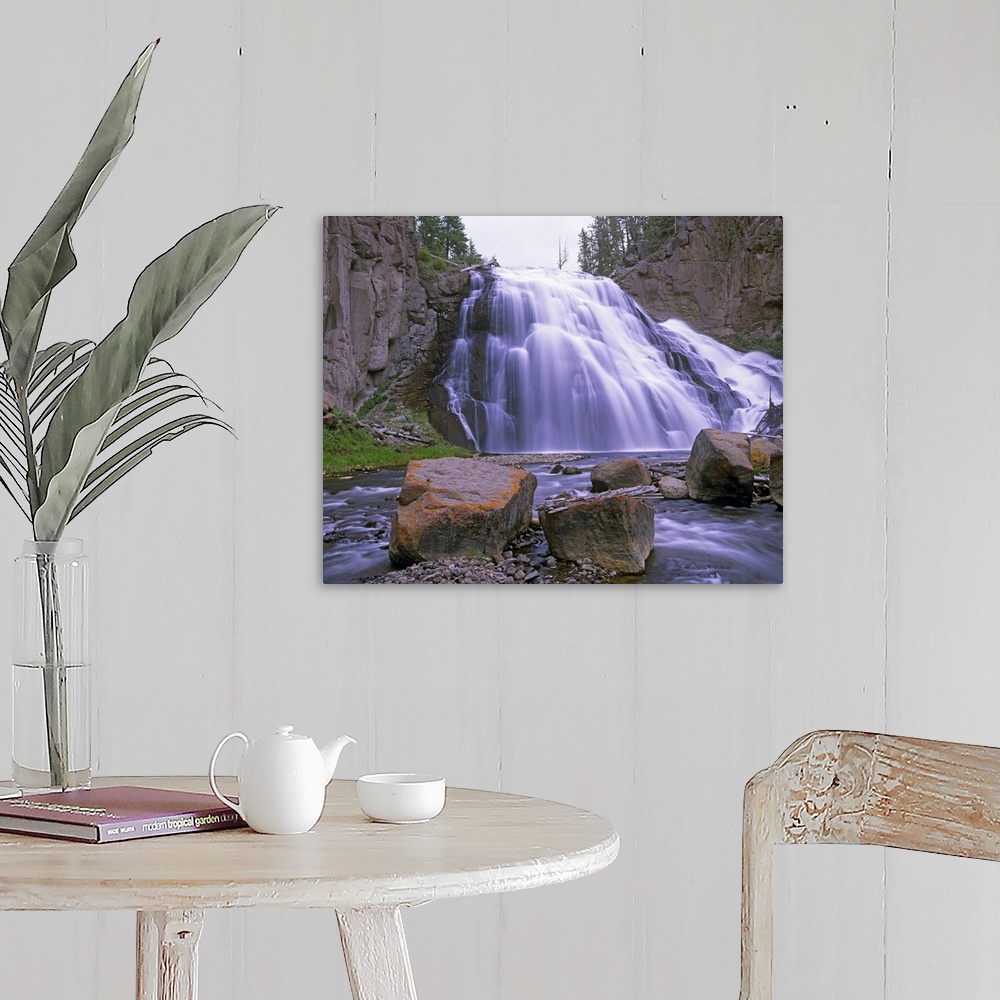 A farmhouse room featuring Gibbon Falls cascading into river, Yellowstone National Park, Wyoming