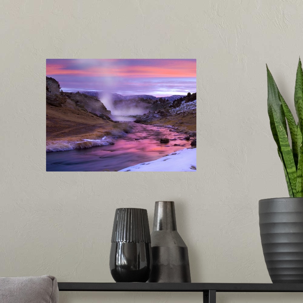 A modern room featuring Hot Creek at sunset, eastern Sierra Nevada, California