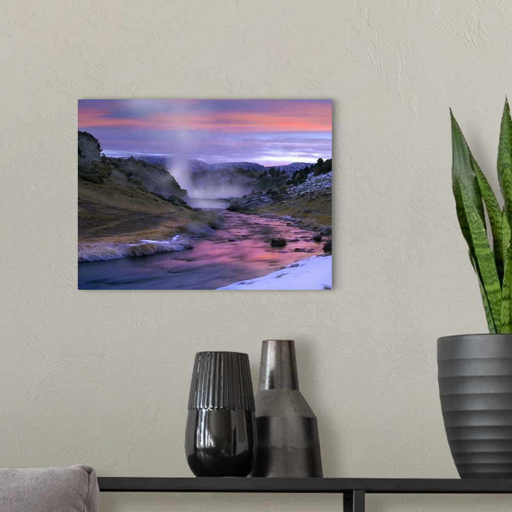 A modern room featuring Hot Creek at sunset, natural hot spring in Mammoth Lakes region, eastern Sierra Nevada, California