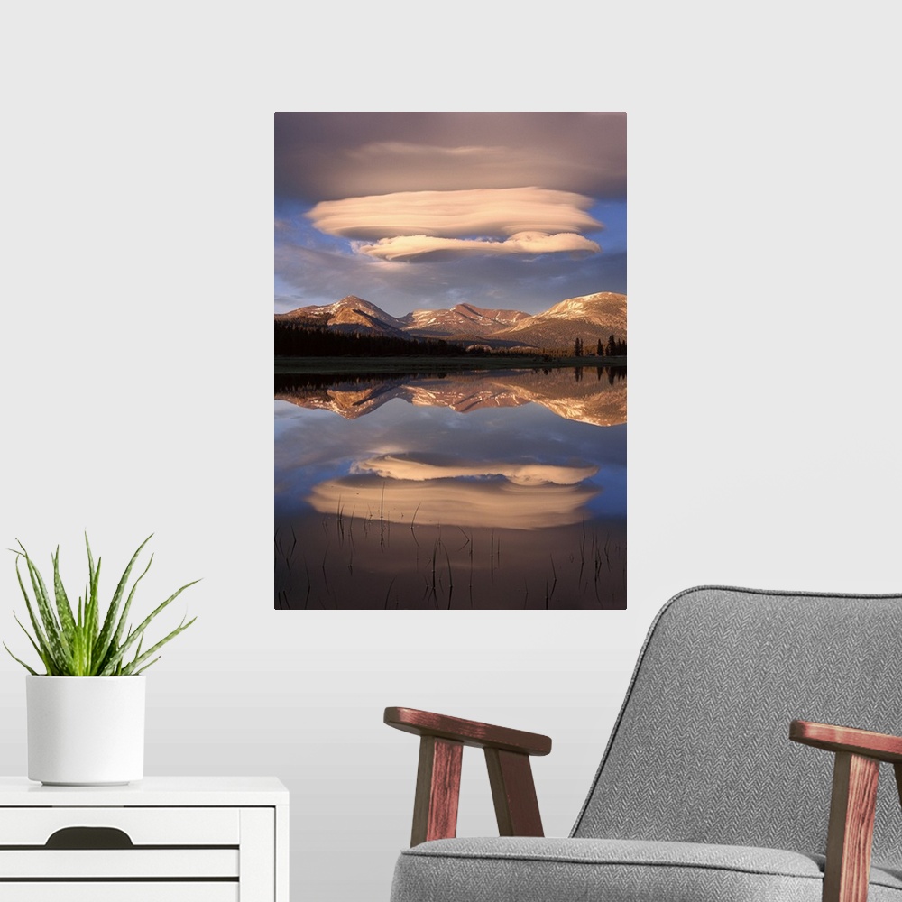 A modern room featuring Tall canvas photo art of billowing clouds above rolling hills reflected in the water.