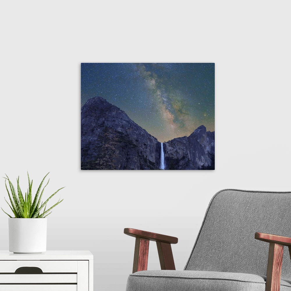 A modern room featuring Milky Way over Bridal Veil Falls, Yosemite Valley, Yosemite National Park, California