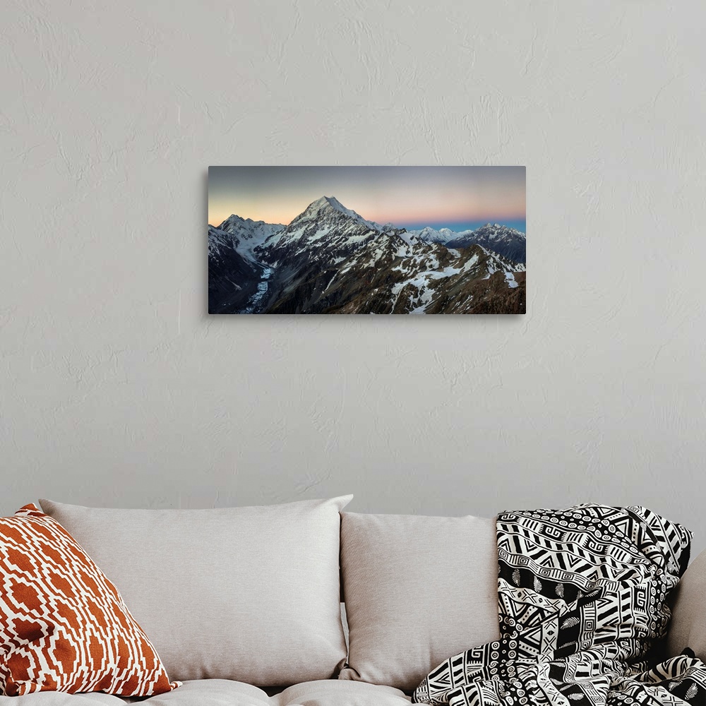 A bohemian room featuring Alpenglow, panorama LtoR: Mounts La Perouse, Aoraki Mount Cook, Tasman glacier, Malte Brun Range,...