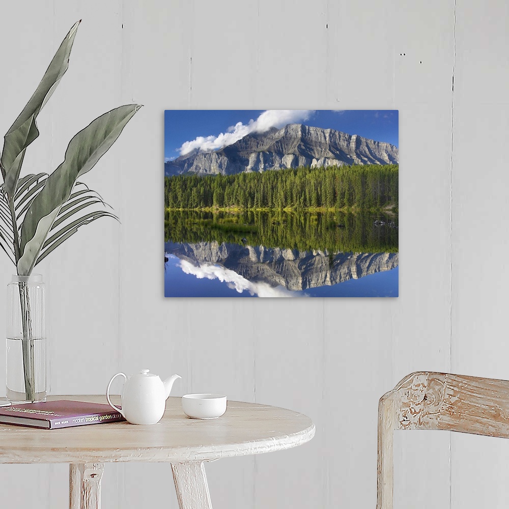 A farmhouse room featuring Mount Rundle and boreal forest reflected in Johnson Lake, Banff National Park, Alberta, Canada