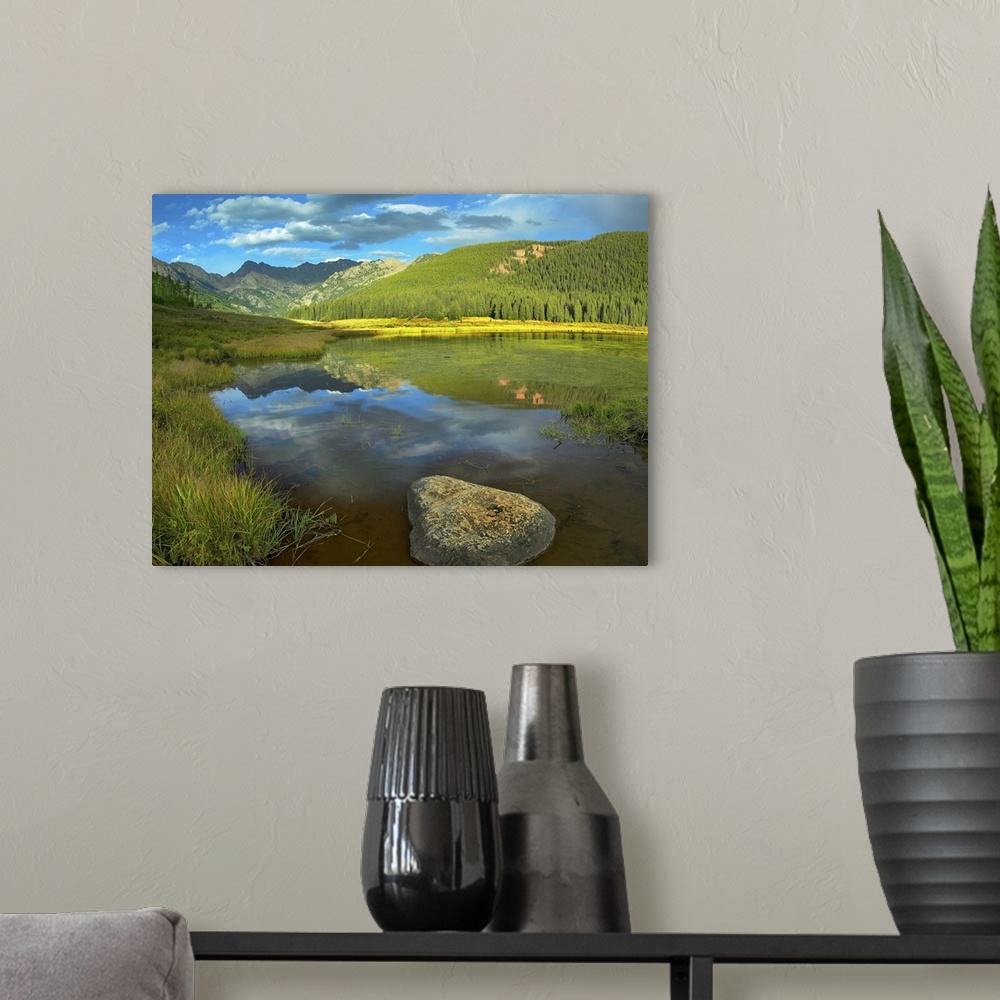 A modern room featuring This decorative wall art is a landscape photograph of a meadow, tree covered hills, and a mountai...