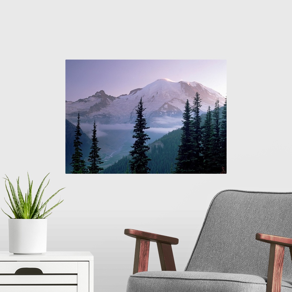 A modern room featuring Mt Rainier as seen at sunrise, Mt Rainier National Park, Washington