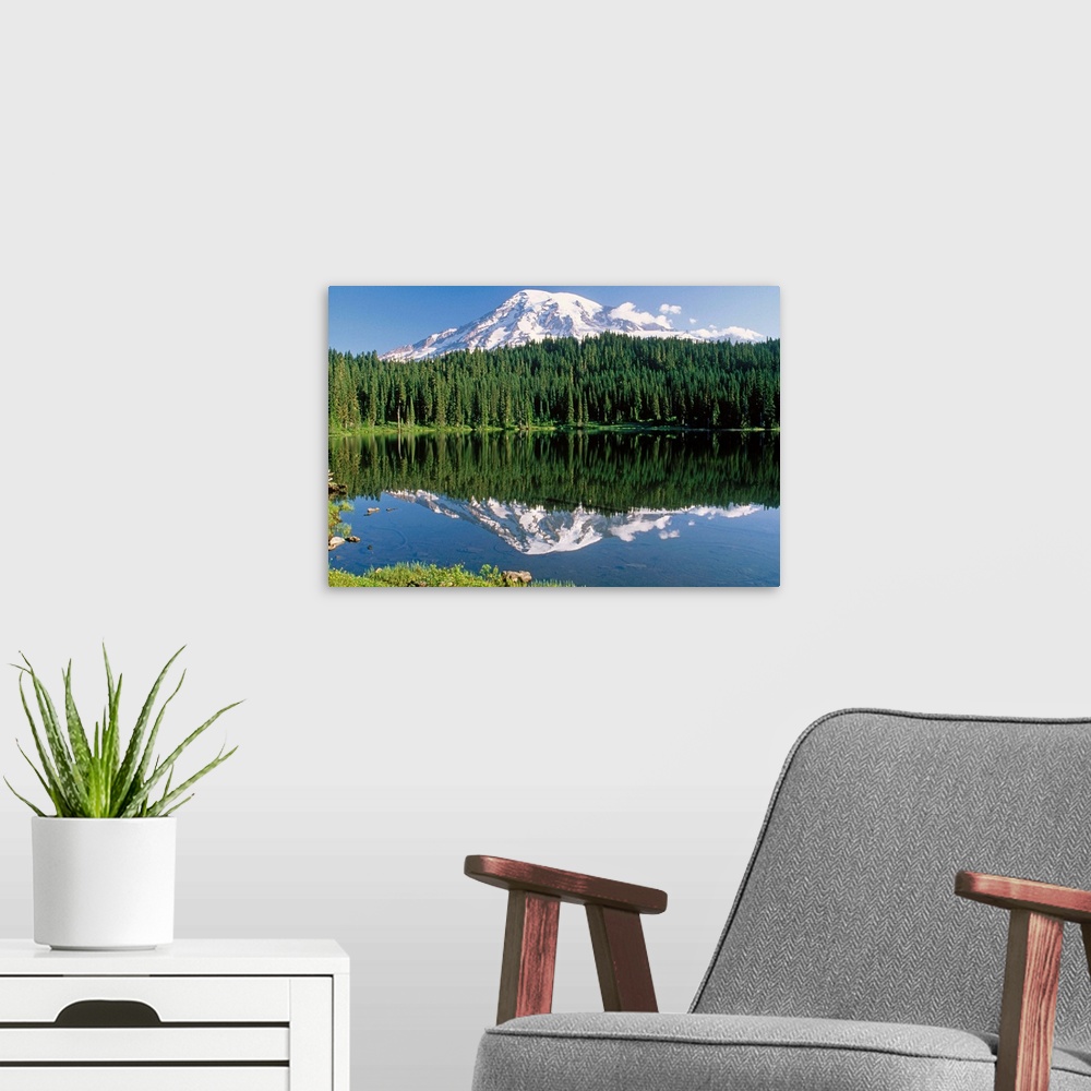 A modern room featuring Mt Rainier reflected in lake, Mt Rainier National Park, Washington