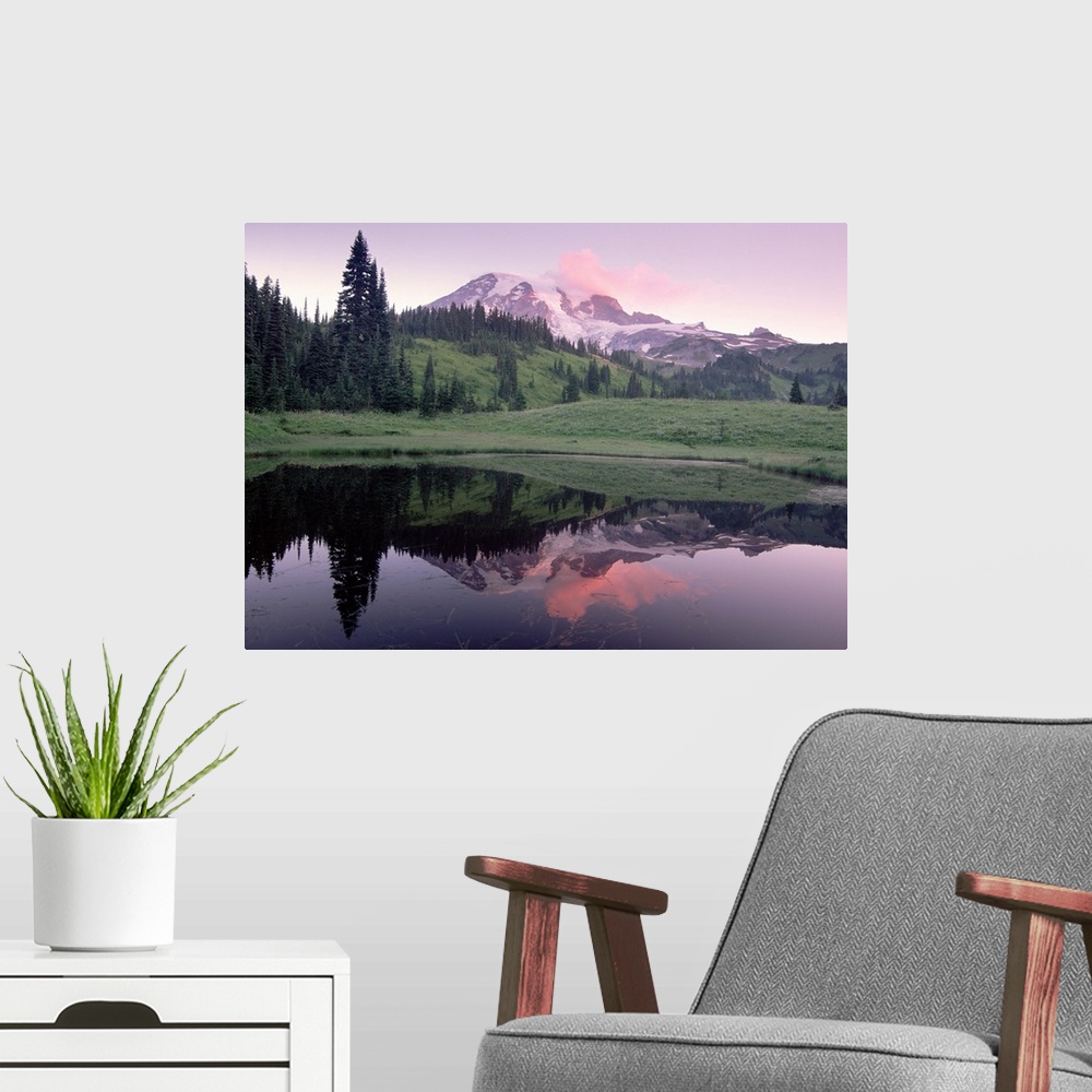 A modern room featuring Photograph of snow covered mountain and tree covered hills reflected in water below.