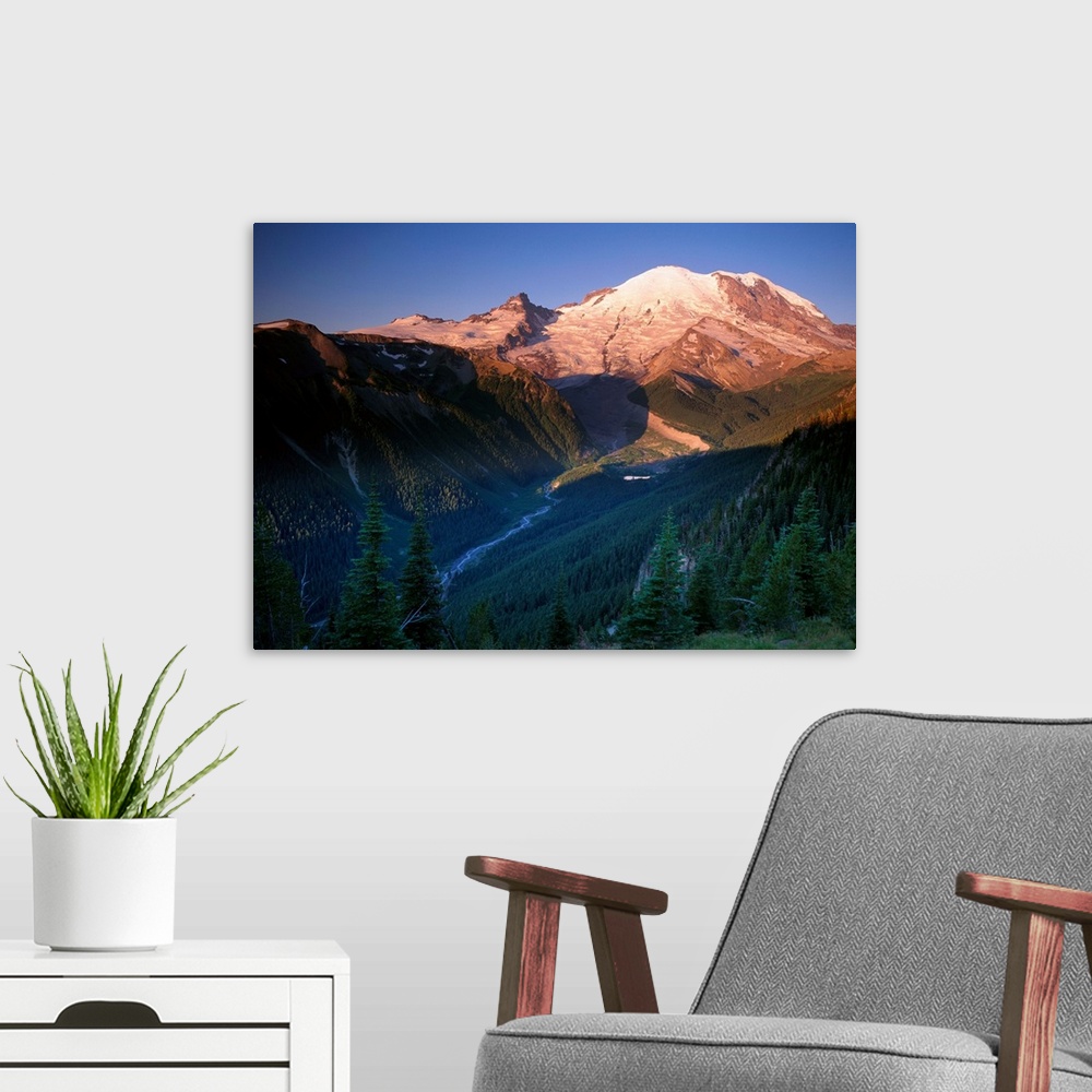 A modern room featuring Mt Rainier seen at sunrise, Mt Rainier National Park, Washington