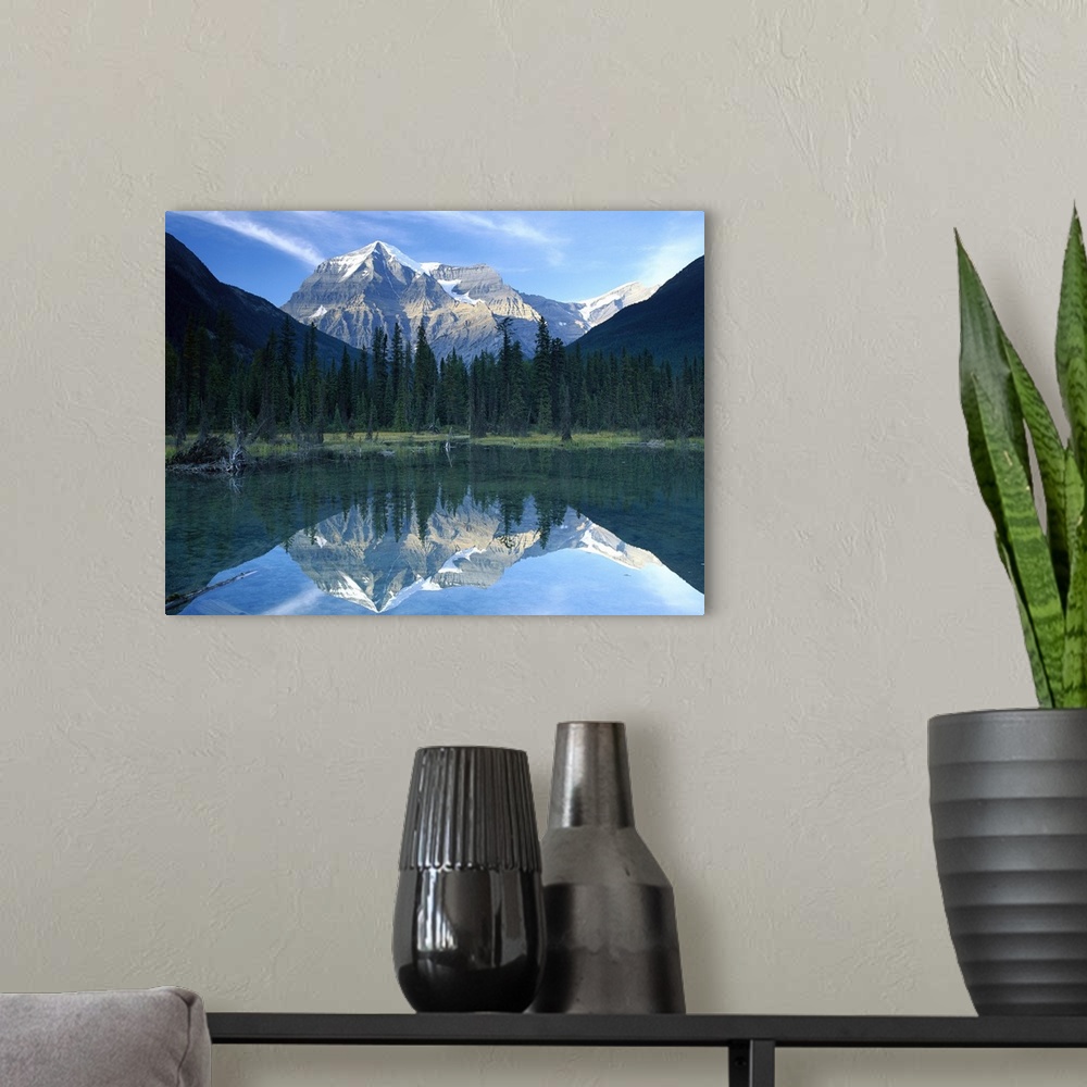 A modern room featuring Mt Robson reflected in lake, British Columbia, Canada