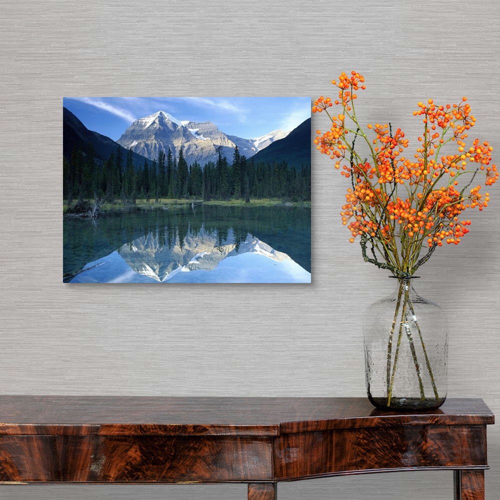 A traditional room featuring Mt Robson reflected in lake, British Columbia, Canada