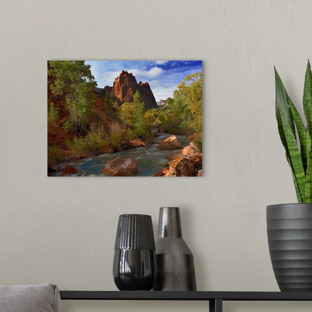 A modern room featuring Mt Spry with the Virgin River surrounded by Cottonwood trees, Zion National Park, Utah