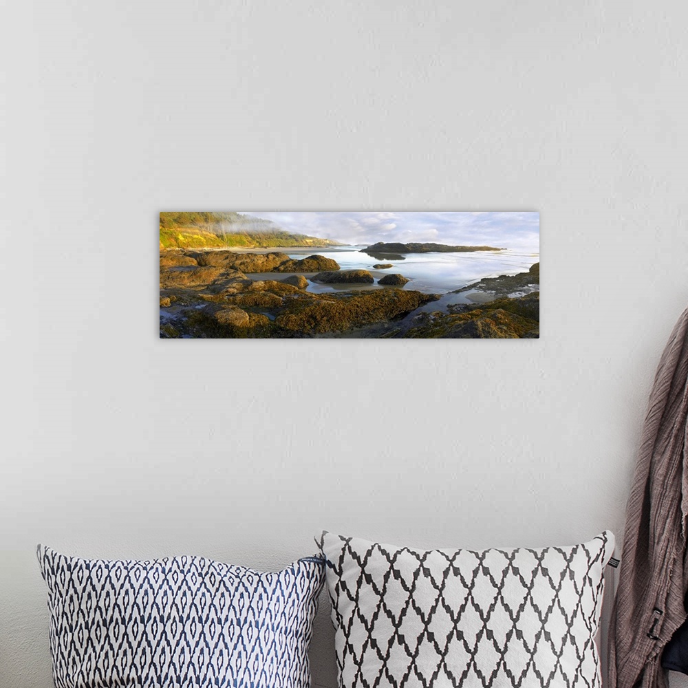 A bohemian room featuring Panoramic photograph on a big wall hanging of an uneven surface along Neptune Beach at low tide, ...
