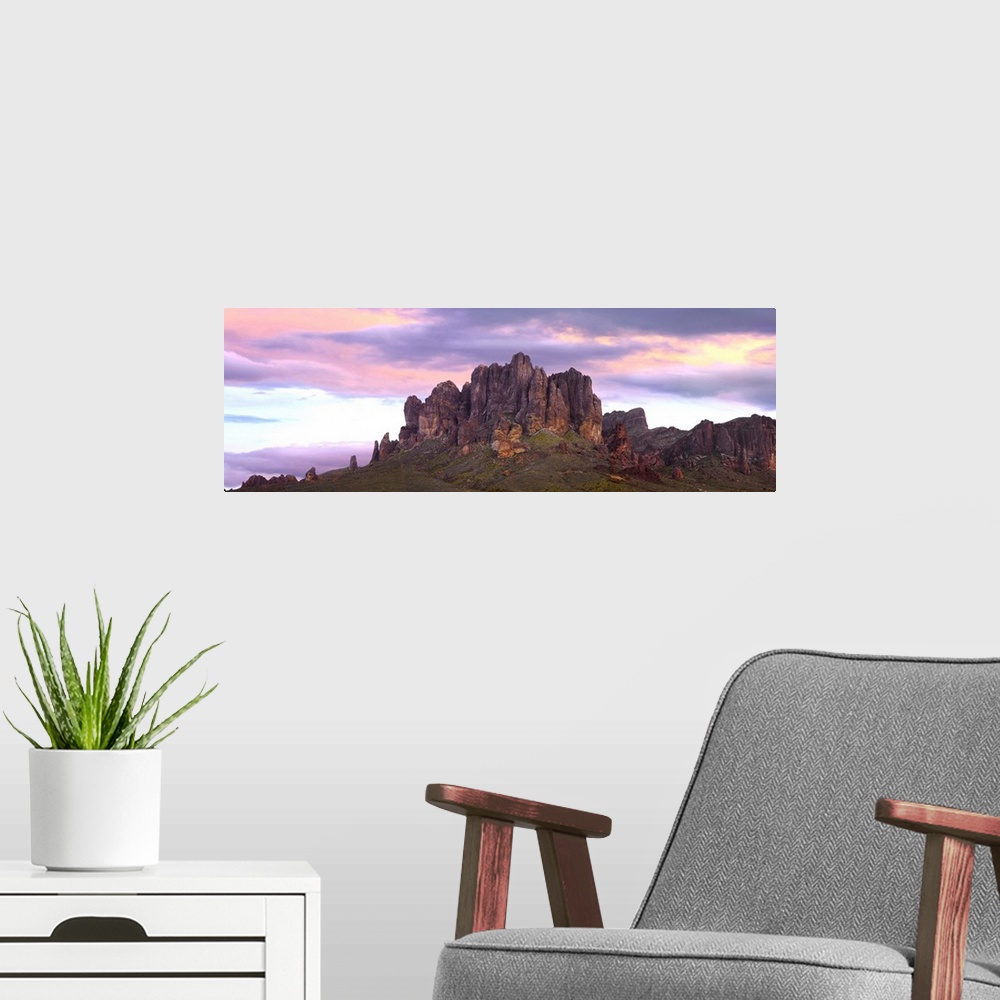 A modern room featuring Panoramic view of the Superstition Mountains at sunset, Arizona