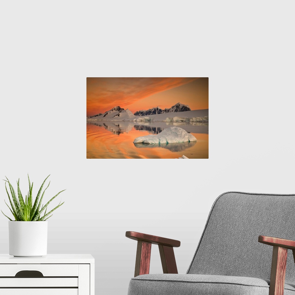 A modern room featuring Wiencke Island peaks, Fief Range, sunset reflection, near Port Lockroy, Antarctic Peninsula