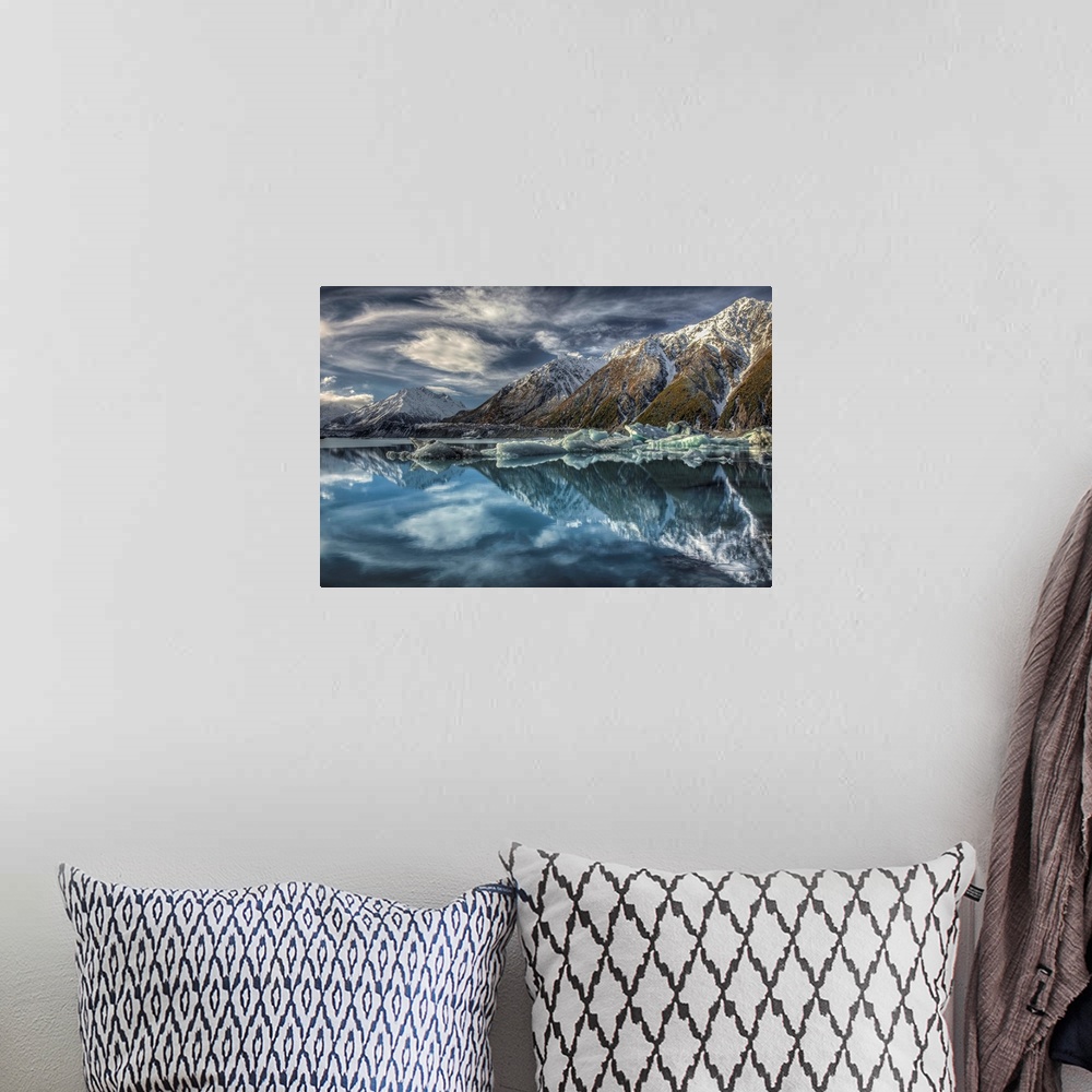 A bohemian room featuring Mirror image, reflection of clouds, peaks and icebergs in Tasman Glacier Lake, Mount Cook Nationa...