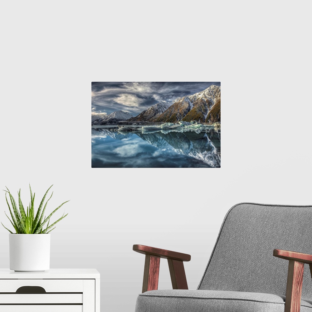 A modern room featuring Mirror image, reflection of clouds, peaks and icebergs in Tasman Glacier Lake, Mount Cook Nationa...