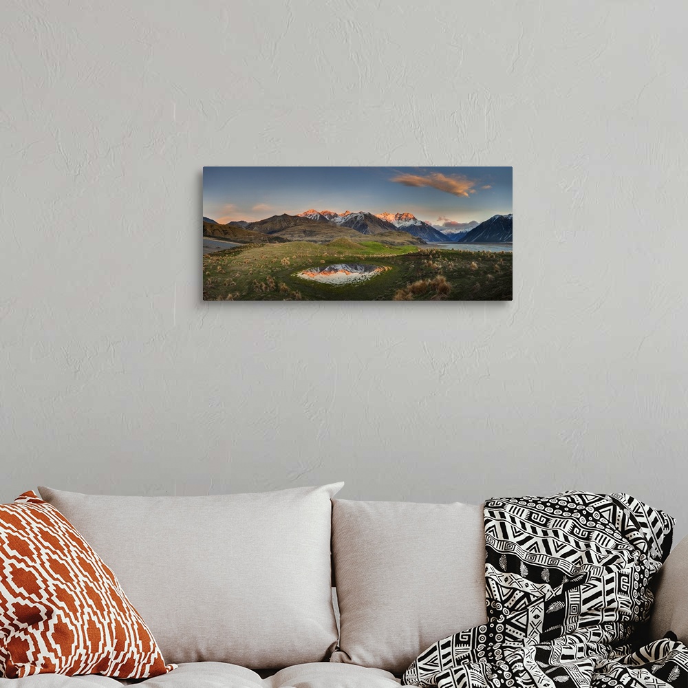 A bohemian room featuring Reishek Mountains at dawn, Rakaia Valley, Canterbury, New Zealand