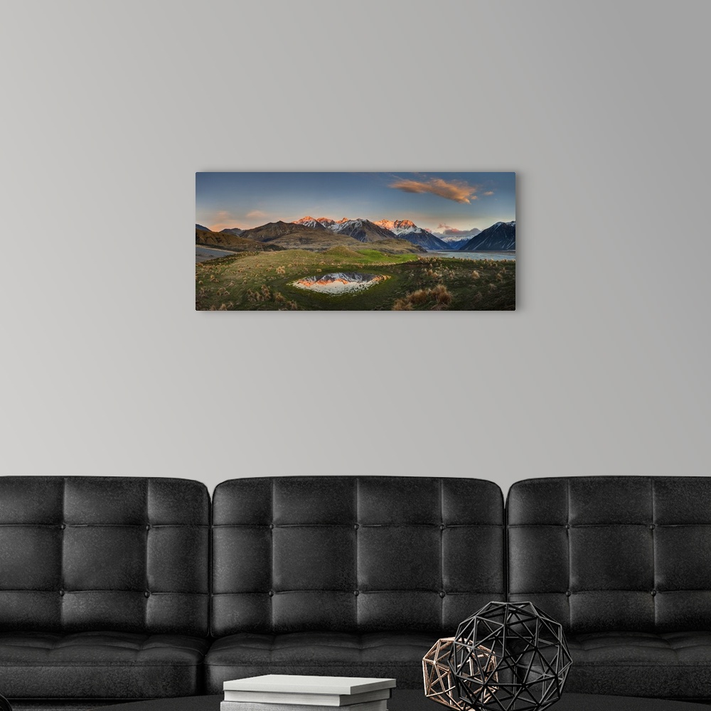 A modern room featuring Reishek Mountains at dawn, Rakaia Valley, Canterbury, New Zealand