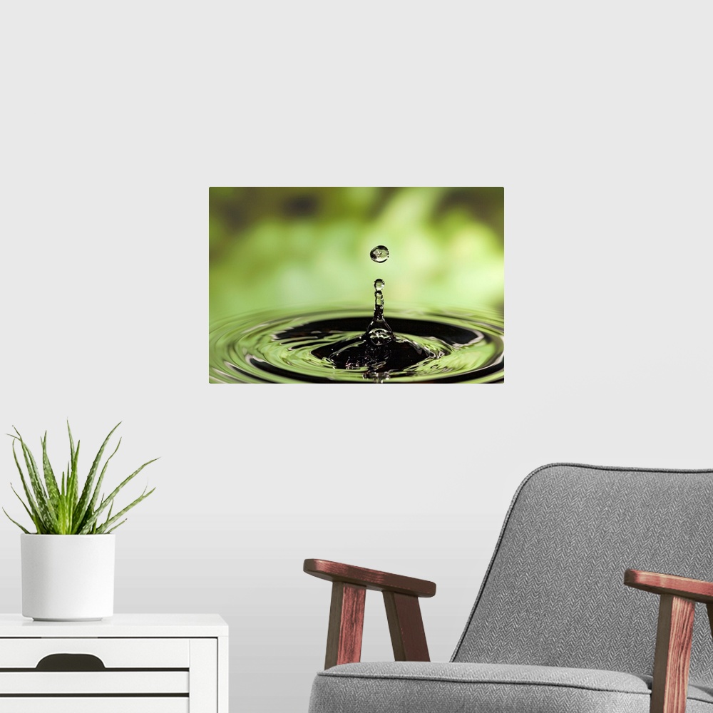 A modern room featuring Horizontal photograph of drop of water frozen in the air and rippling in the surface below.
