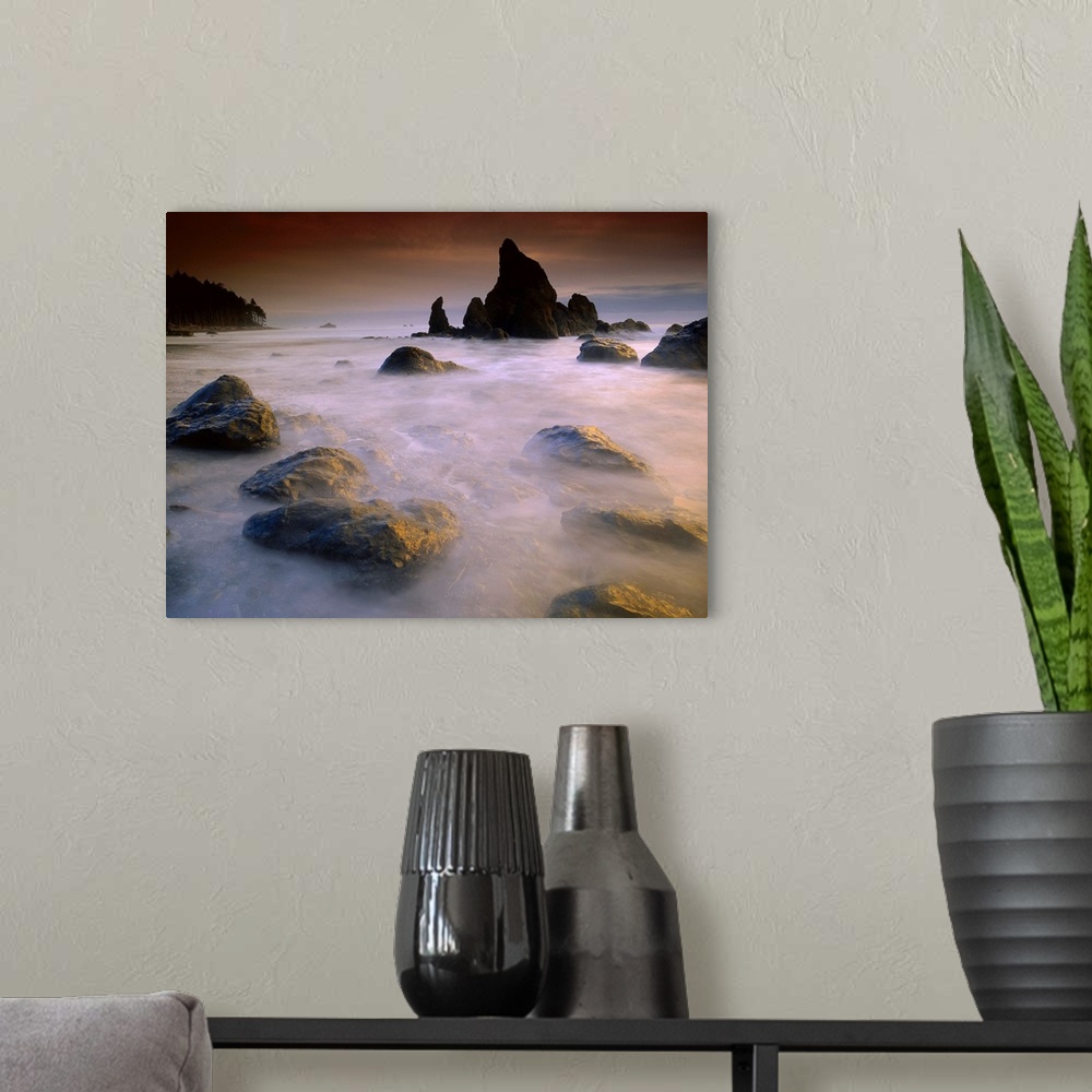 A modern room featuring Sea stack and rocks along shoreline at Ruby Beach, Olympic National Park, Washington