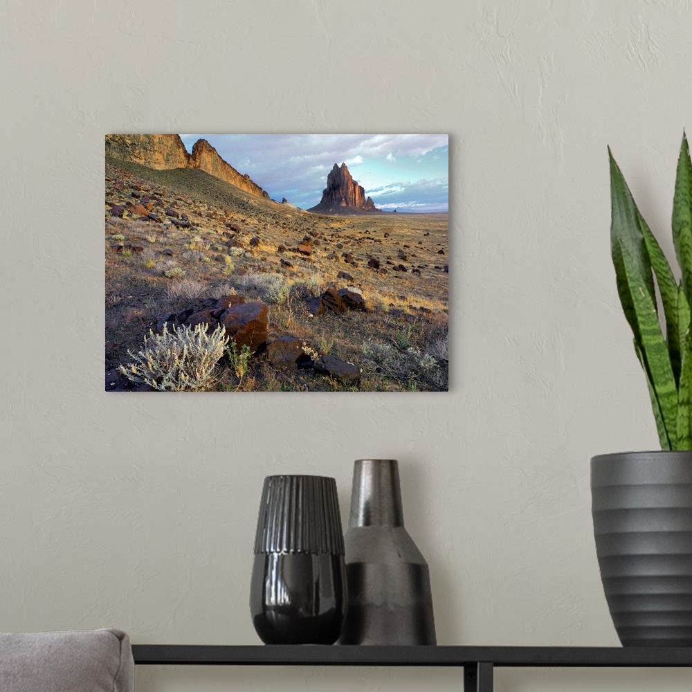 A modern room featuring Shiprock, the basalt core of an extinct volcano, New Mexico