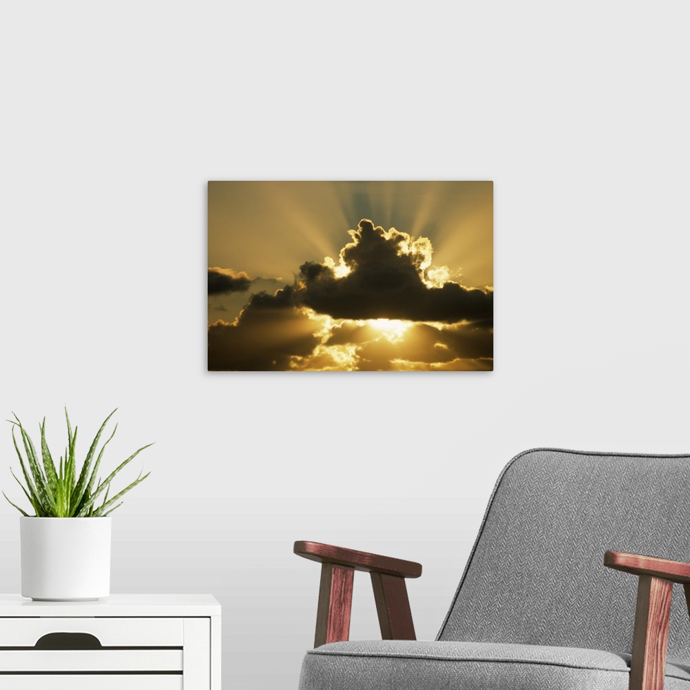 A modern room featuring SUN RAYS BEAM FROM BEHIND CUMULUS CLOUDS,
