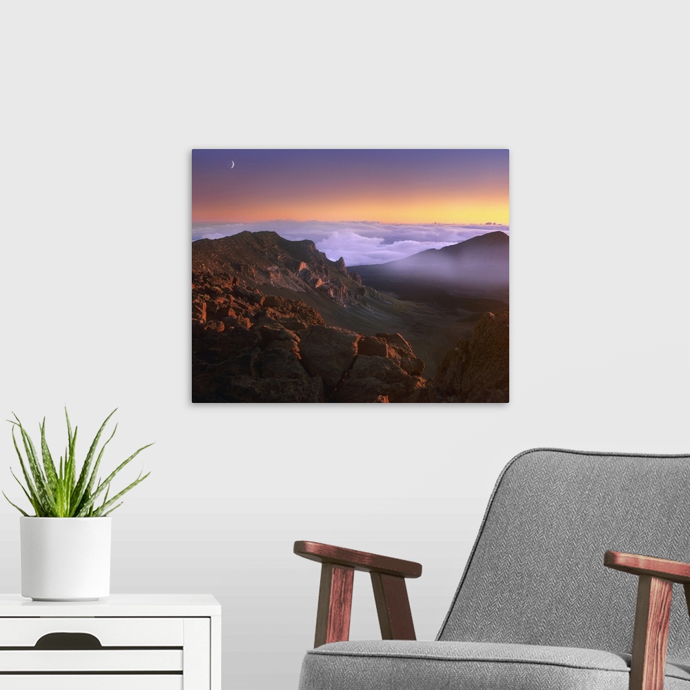 A modern room featuring Sunrise and crescent moon overlooking Haleakala Crater, Maui, Hawaii