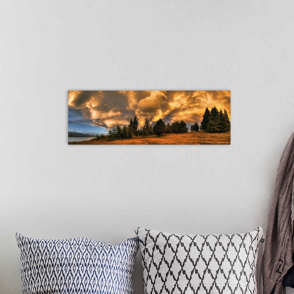 A bohemian room featuring Sunset panorama near Lake Pukaki, Nor West sky, windclouds form over Southern Alps, Mackenzie Cou...