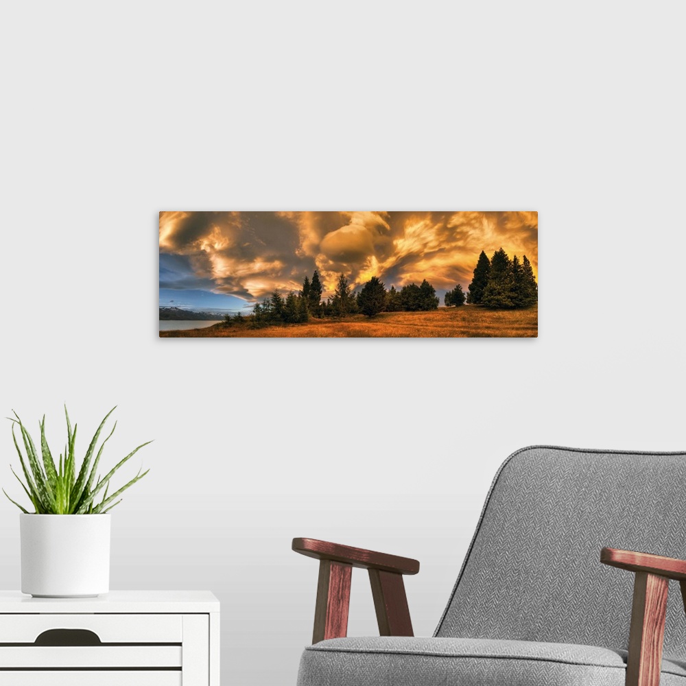 A modern room featuring Sunset panorama near Lake Pukaki, Nor West sky, windclouds form over Southern Alps, Mackenzie Cou...