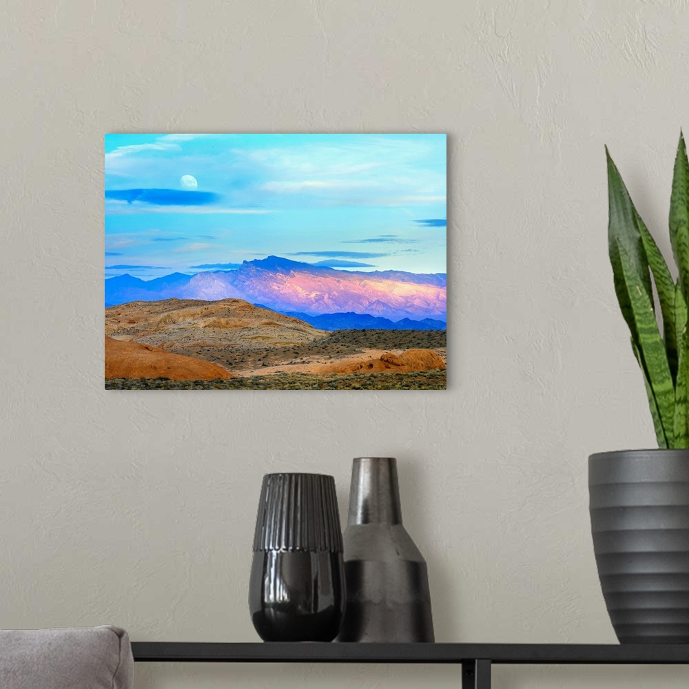 A modern room featuring Sunset on mountains in Valley of Fire State Park, Mojave Desert, Nevada