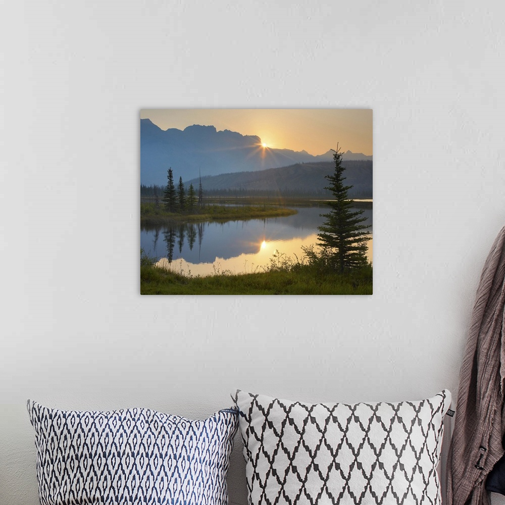 A bohemian room featuring Sunset over Miette Range and Talbot Lake, Jasper National Park, Alberta, Canada