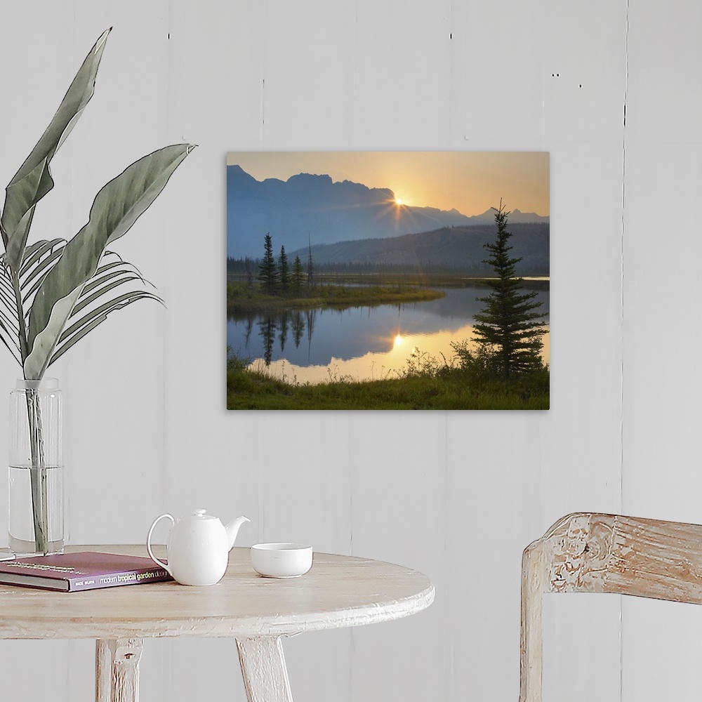 A farmhouse room featuring Sunset over Miette Range and Talbot Lake, Jasper National Park, Alberta, Canada
