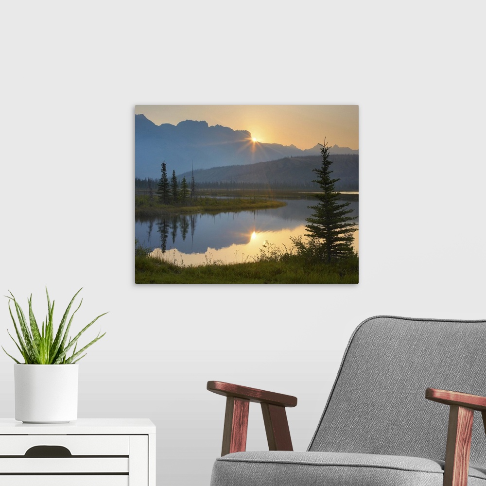 A modern room featuring Sunset over Miette Range and Talbot Lake, Jasper National Park, Alberta, Canada
